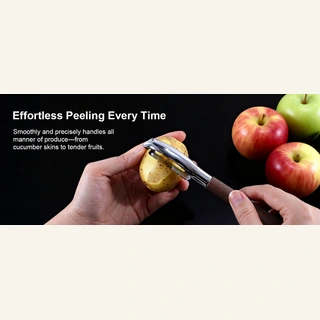 ANGEER wood-handle I-shape peeler removing potato skin in a supplied kitchen scene