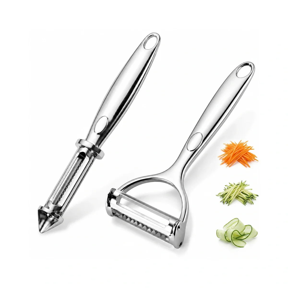 ANGEER stainless-steel I-shape and Y-shape peelers shown together with smooth and toothed blade edges