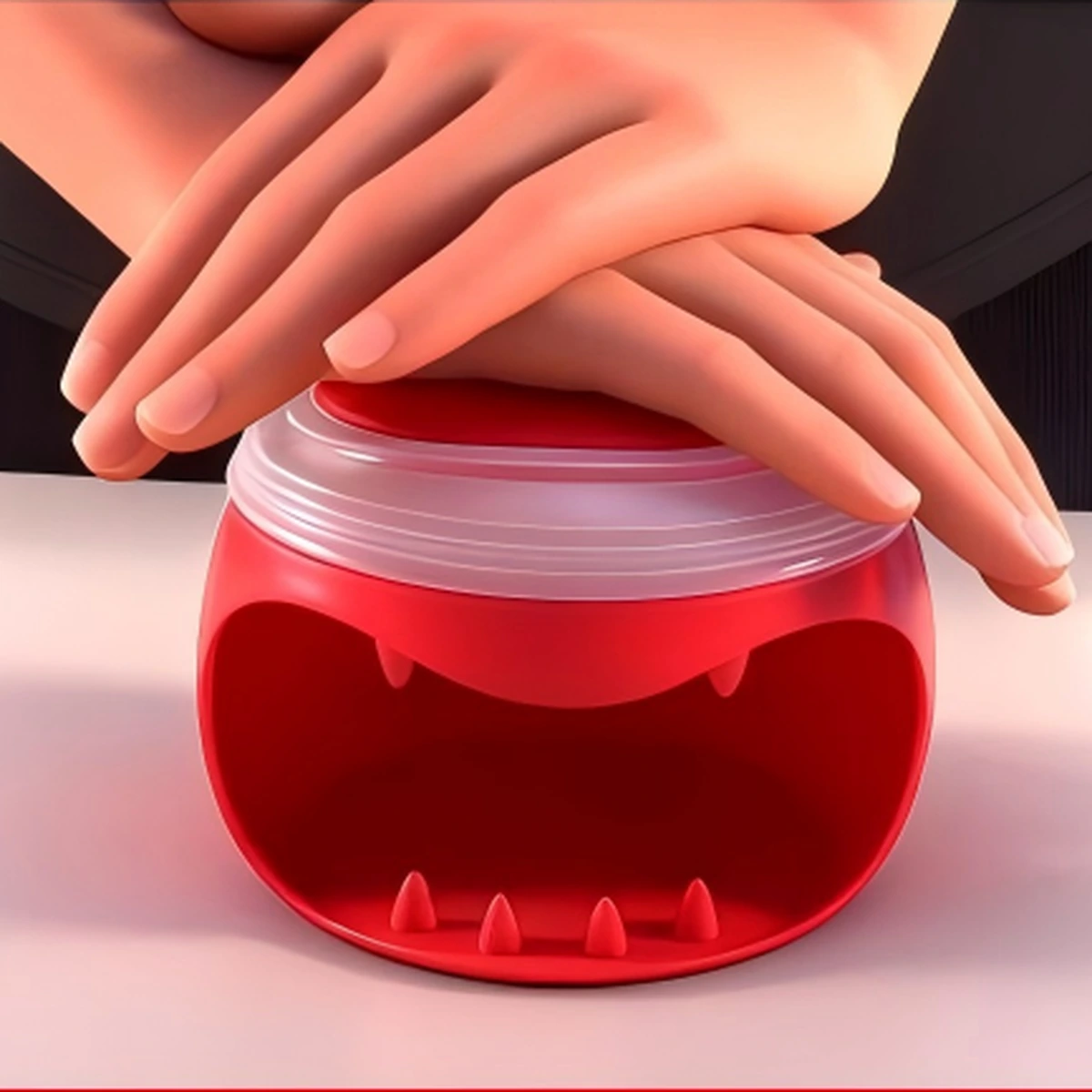 Hands pressing the white accordion air dome squarely over the red hard-boiled egg peeler holder