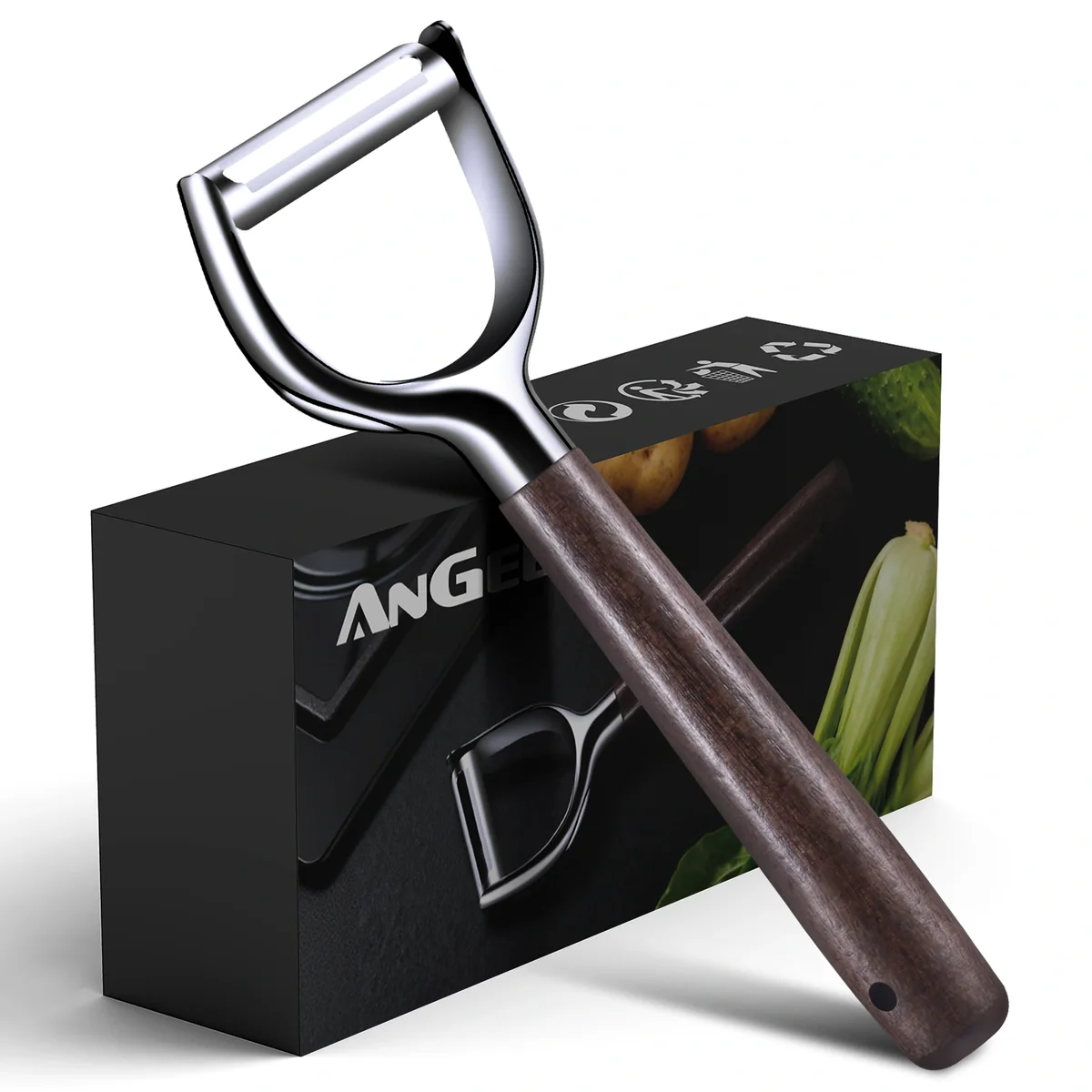 Complete ANGEER Y-shape vegetable peeler with a dark wood handle displayed beside its retail box
