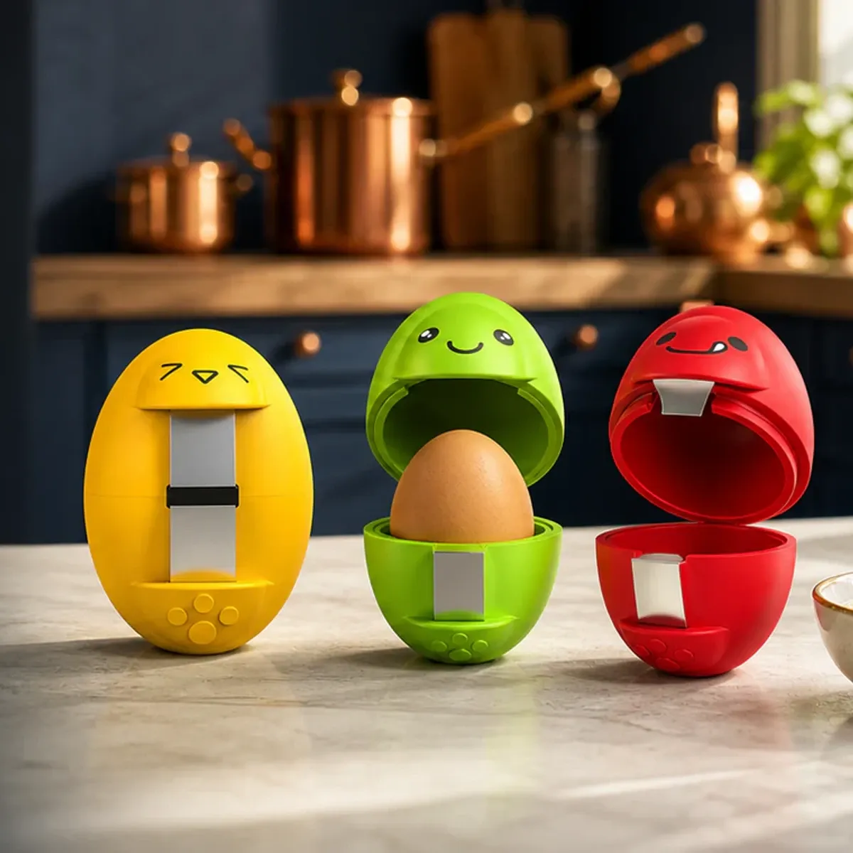Complete yellow, green and red ANGEER egg tools together in a sunny Prussian-blue kitchen