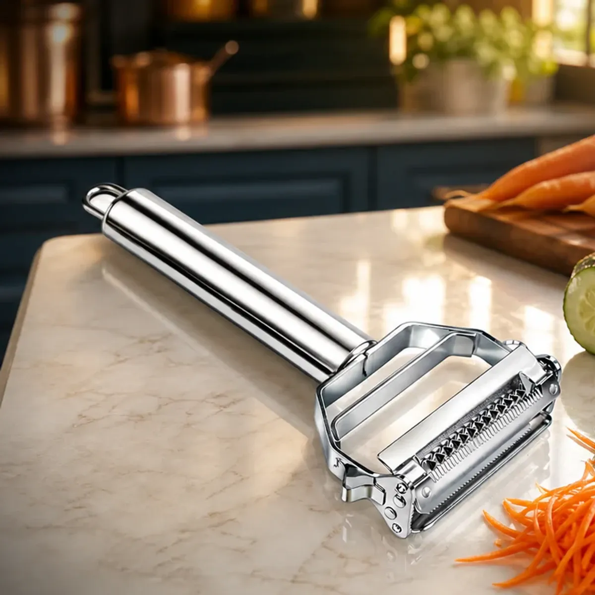Complete ANGEER dual-blade julienne peeler with carrots and cucumber in a sunny Prussian-blue kitchen