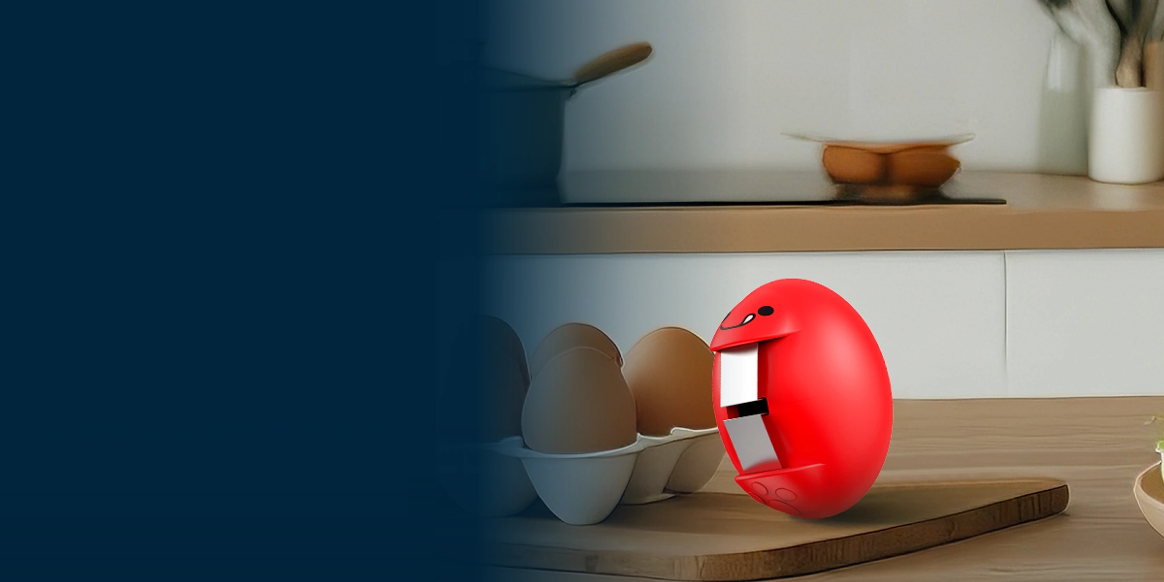 Red ANGEER egg cracker beside a breakfast bowl in a warm Prussian-blue kitchen