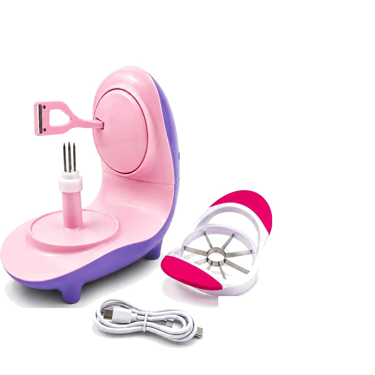 Complete ANGEER electric apple peeler set with slicer and charging cable on a clean white background