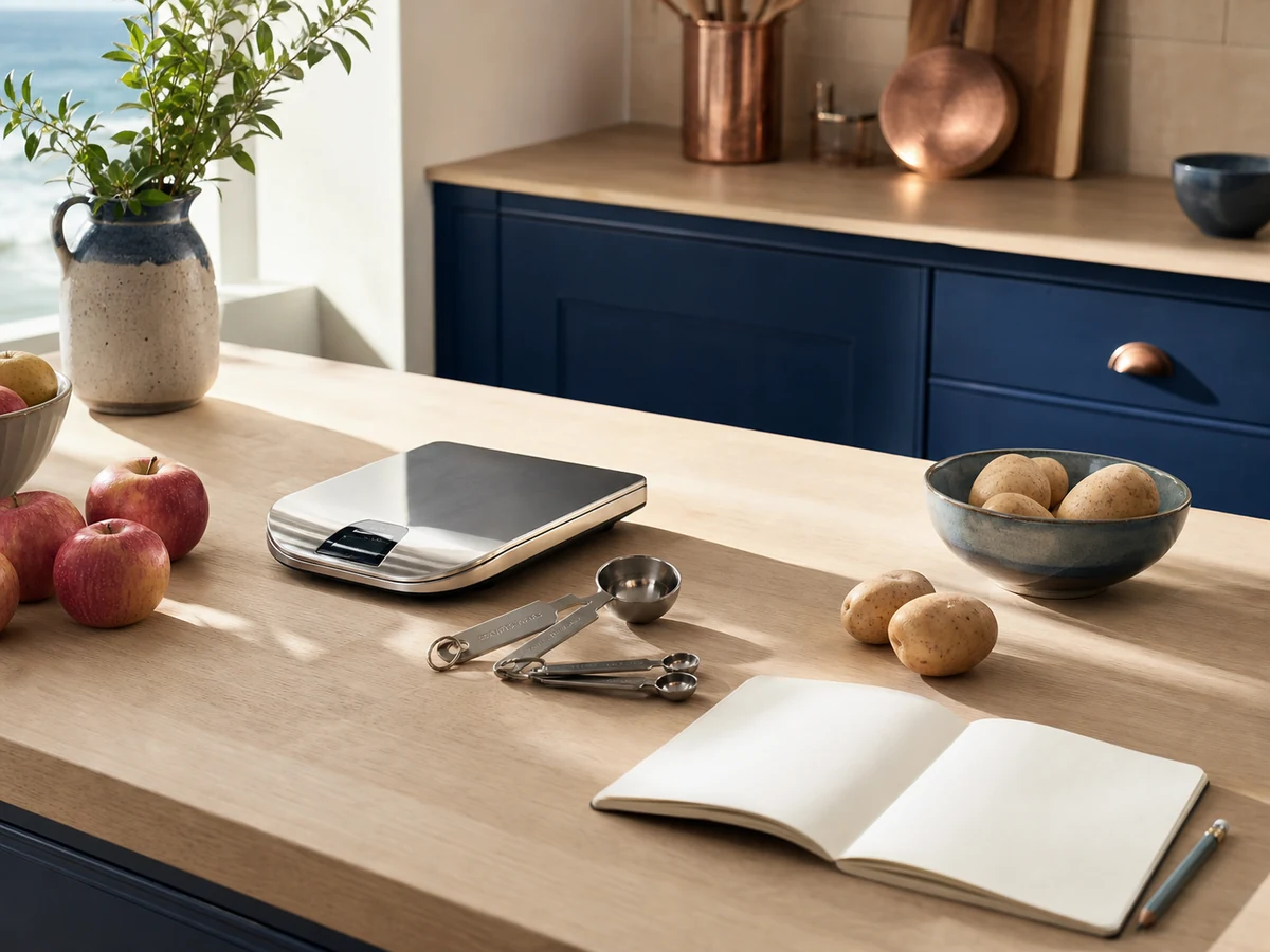 Kitchen scale, measuring spoons and blank notebook arranged with apples and potatoes