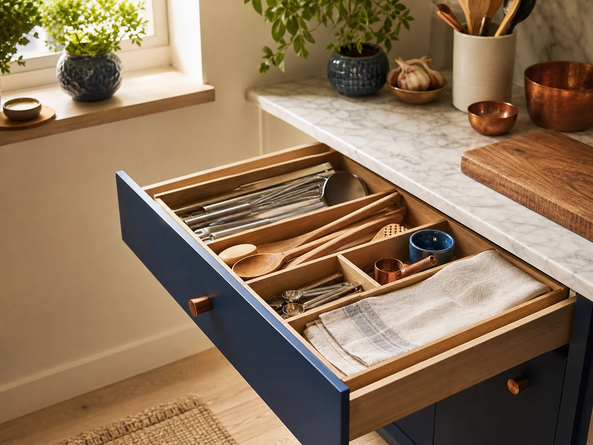 Organized kitchen drawer with stainless utensils, wooden spoons and folded linen