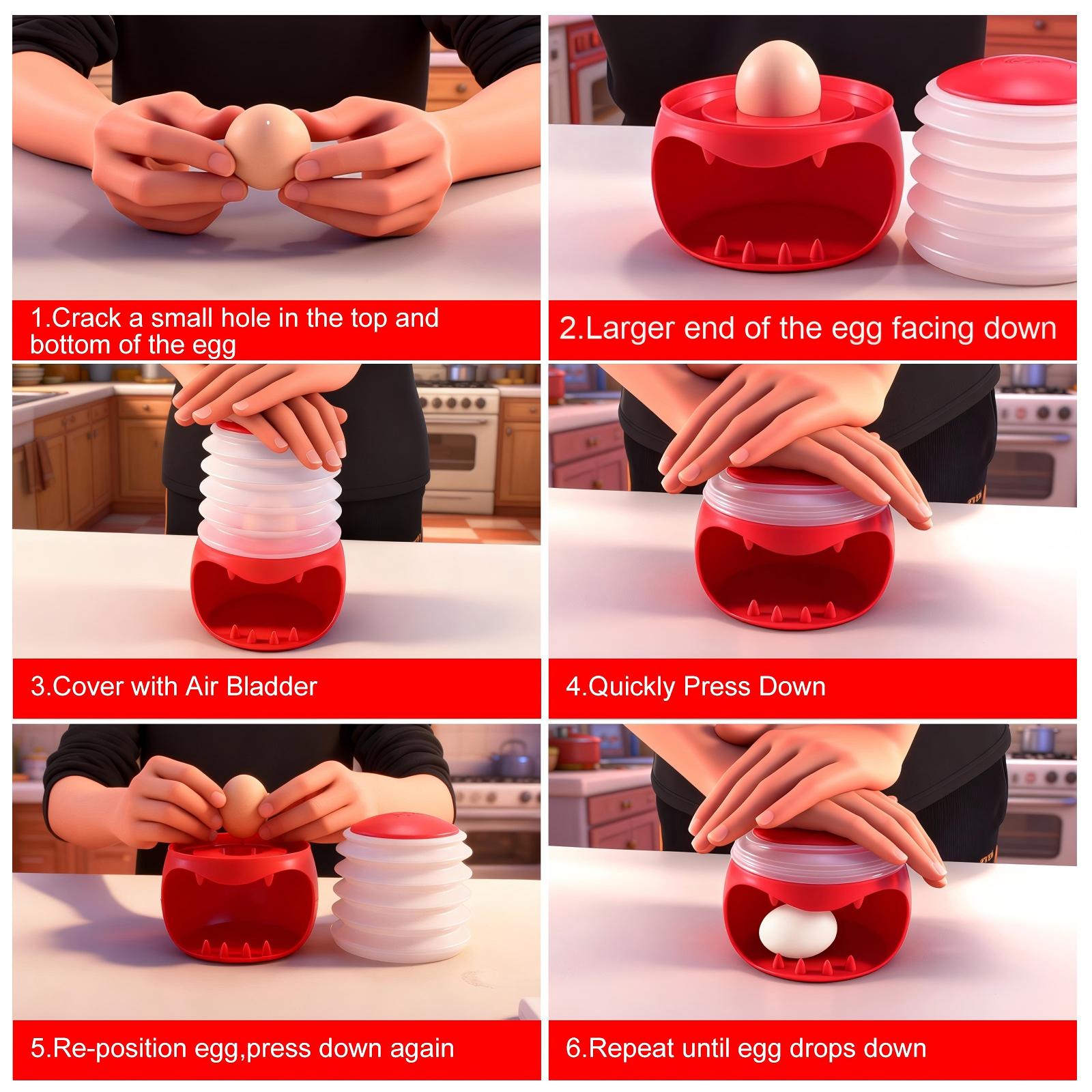 Six-step visual guide showing how to open both ends of a cooled hard-boiled egg, place it in the red holder, cover it with the white air dome and press until the peeled egg releases