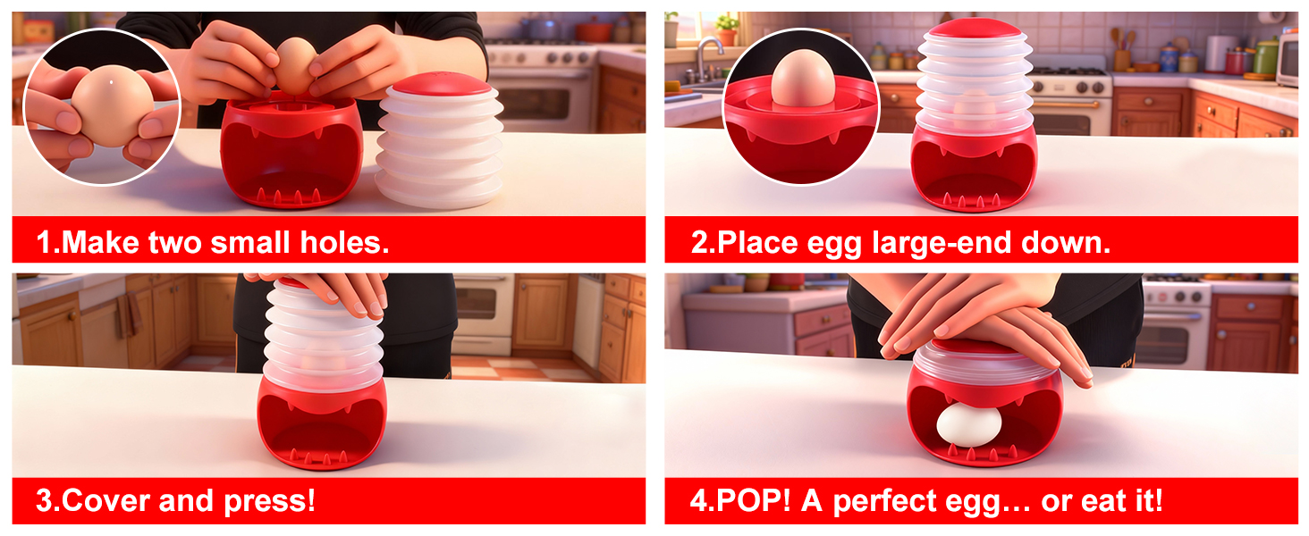 Four-panel quick-use guide for opening both ends of a boiled egg and pressing the Pop It or Eat It peeler to release the egg