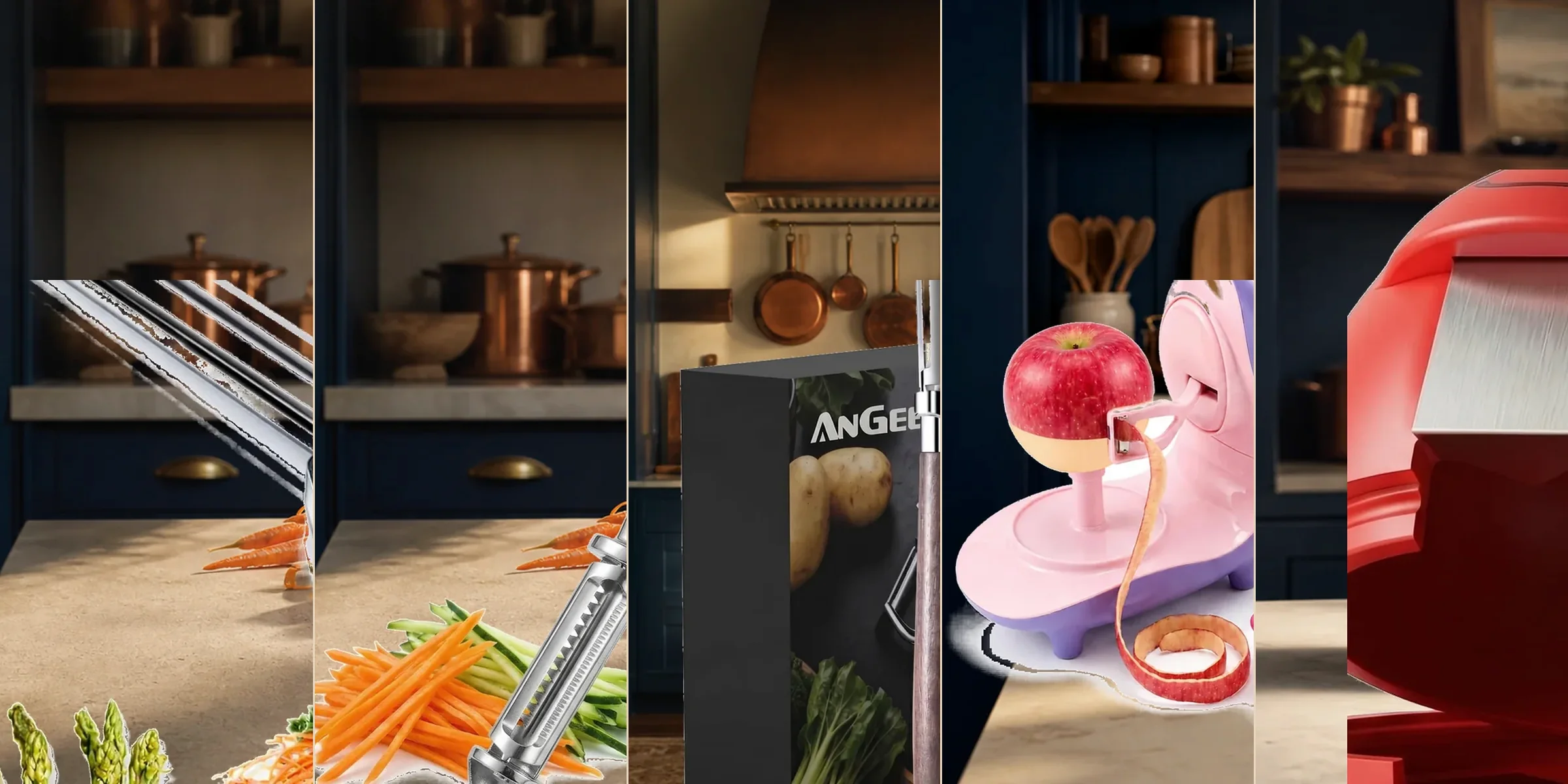 ANGEER peelers, electric apple peeler and colorful egg tools arranged for everyday kitchen preparation