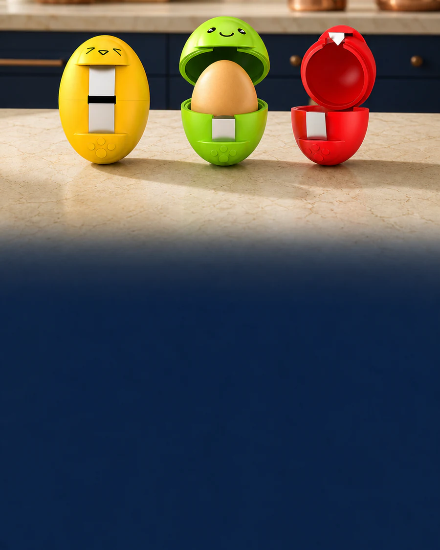 Complete yellow, green and red ANGEER silicone egg crackers arranged in a sunny Prussian-blue breakfast kitchen
