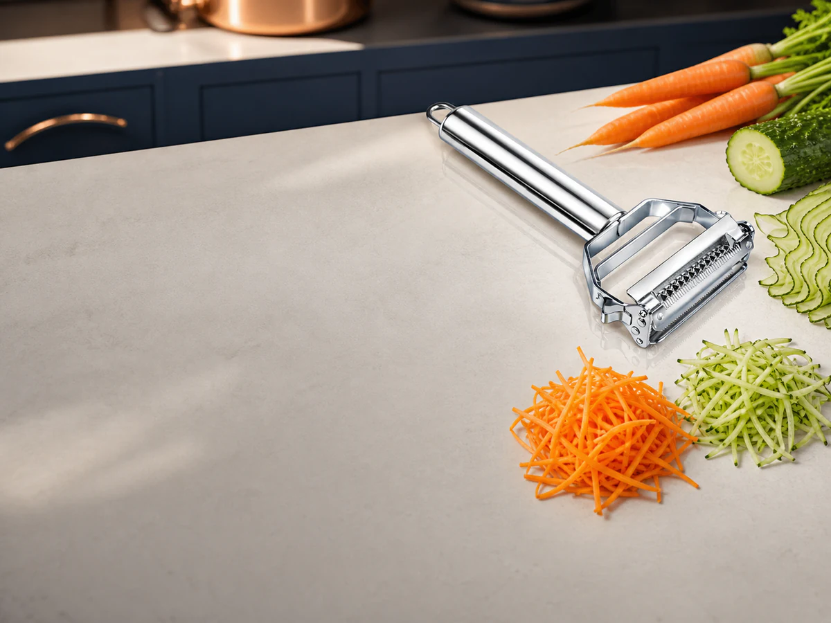 Complete ANGEER dual-blade julienne peeler beside carrots, cucumber and fresh vegetable strips in a warm Prussian-blue kitchen