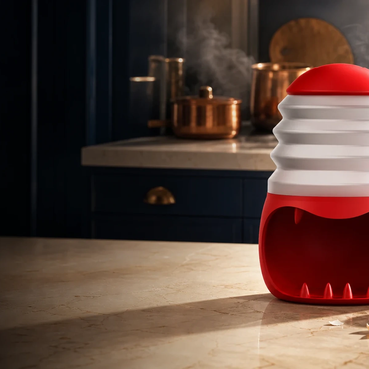 ANGEER boiled egg peeler with red holder and white accordion air dome on a kitchen counter