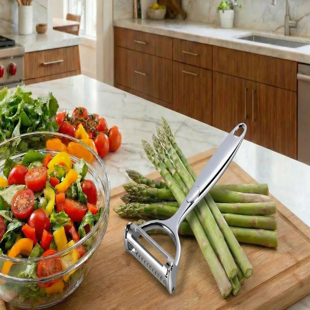 ANGEER Y-shape stainless-steel vegetable peeler beside asparagus and salad on a warm kitchen counter