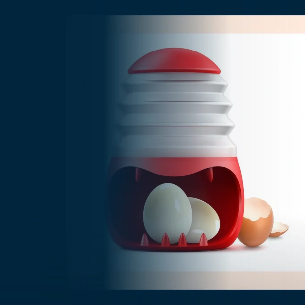 Red and white ANGEER hard-boiled egg peeler shown with peeled eggs and shell pieces