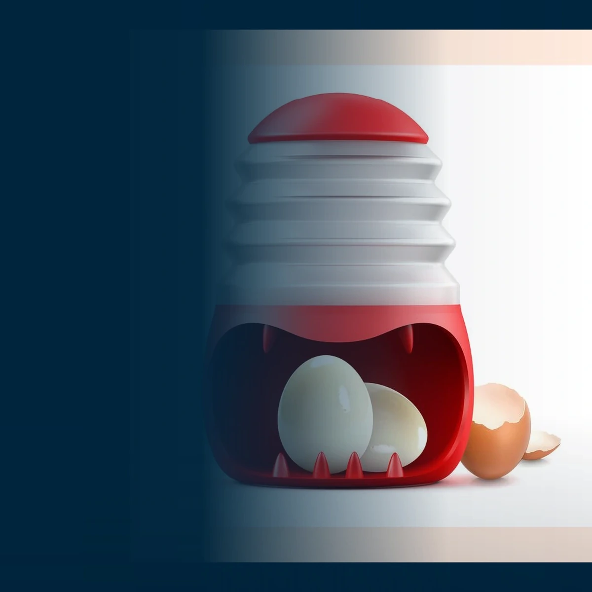 Red and white ANGEER hard-boiled egg peeler shown with peeled eggs and shell pieces