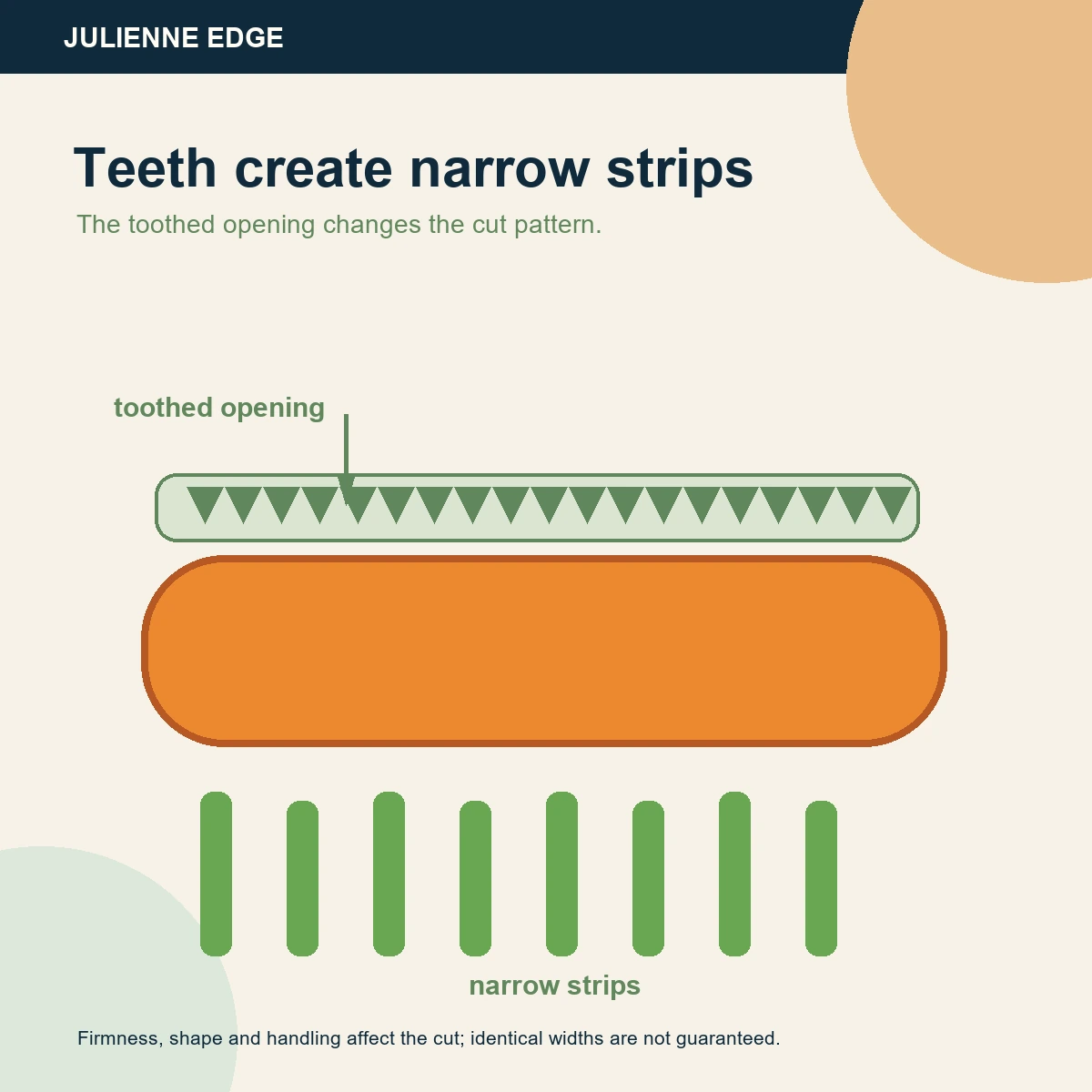 Diagram showing a toothed julienne edge creating narrow strips from a firm carrot