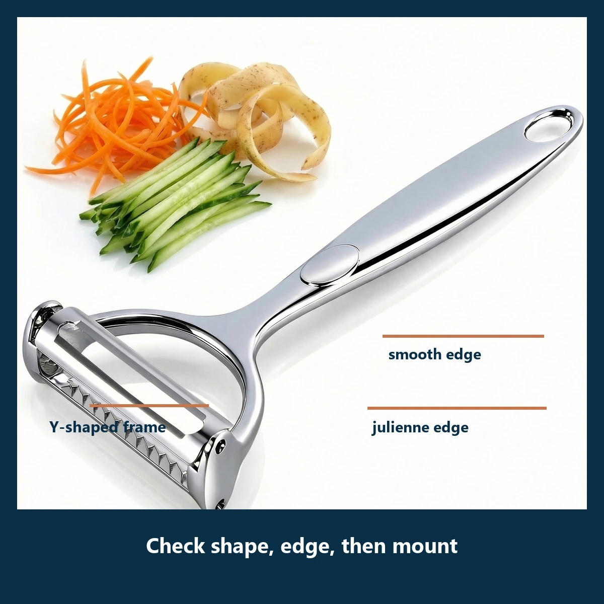 Stainless-steel Y-shaped peeler with smooth peeling and toothed julienne edges labeled