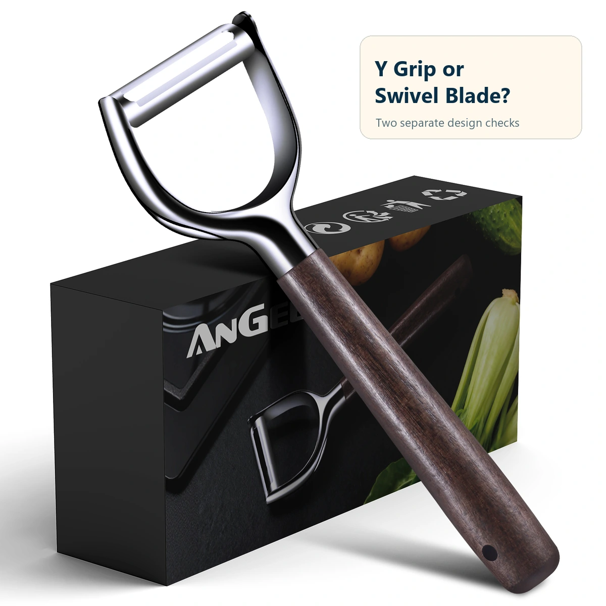 Wood-handle Y-shaped vegetable peeler beside an apple and carrot on a kitchen prep surface