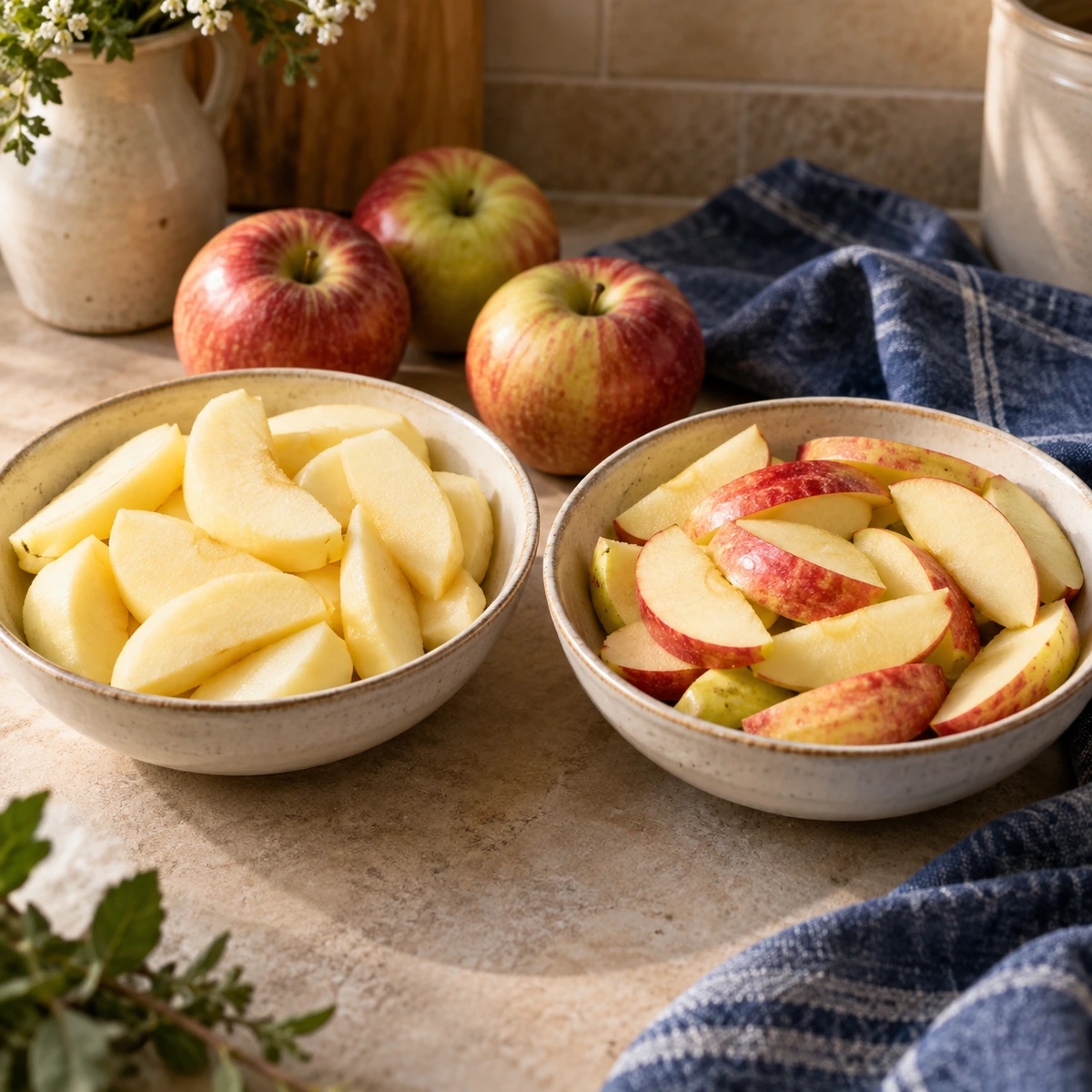 Bowls of peeled apple slices and skin-on apple slices shown side by side