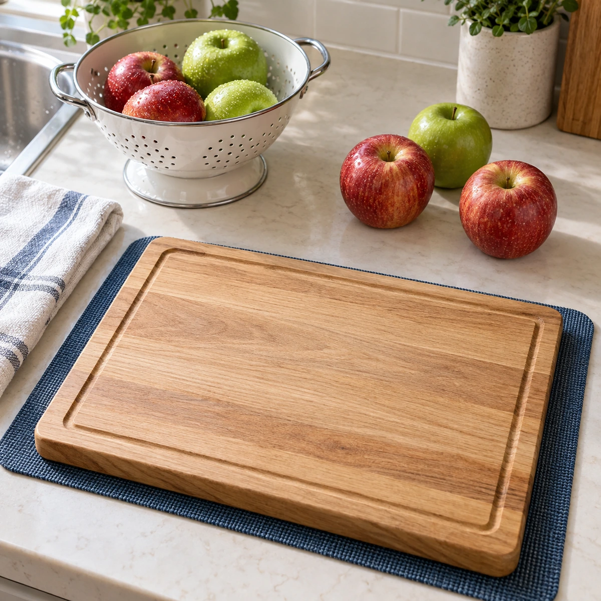 Washed apples beside a dry cutting board secured on a blue mat