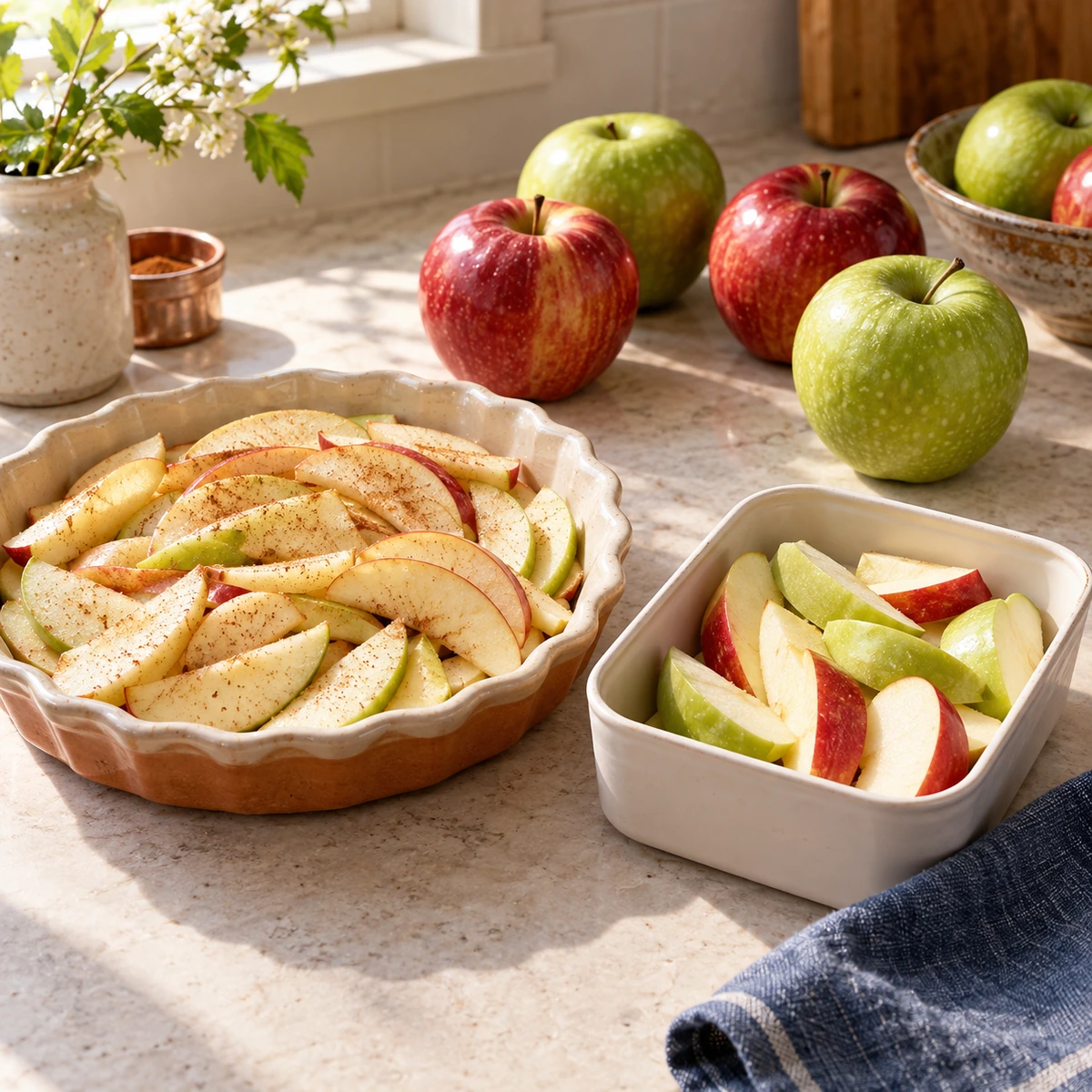 Apple slices arranged for a pie beside apple wedges prepared for snacks